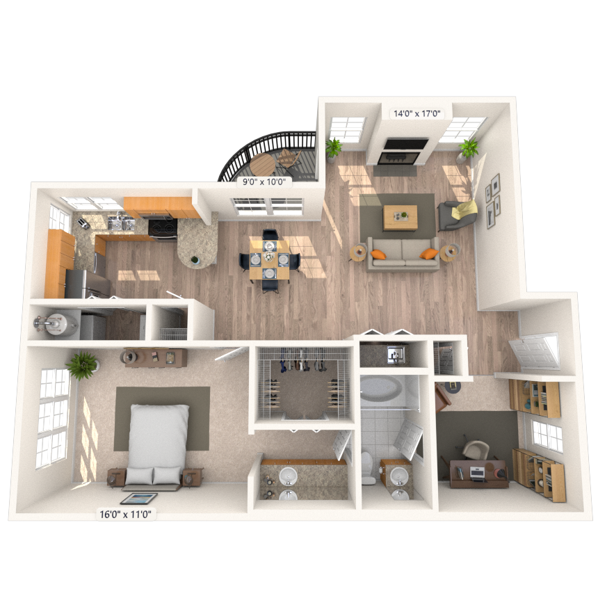Floor plan for 1 bed, 1 bath, 1009 sqft